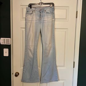 Button down flare, bleach washed blue jeans